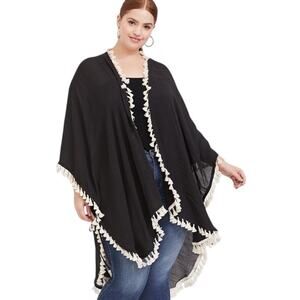 Torrid Kimono Ruana Styled with Tassel Trim One Size Black Women's